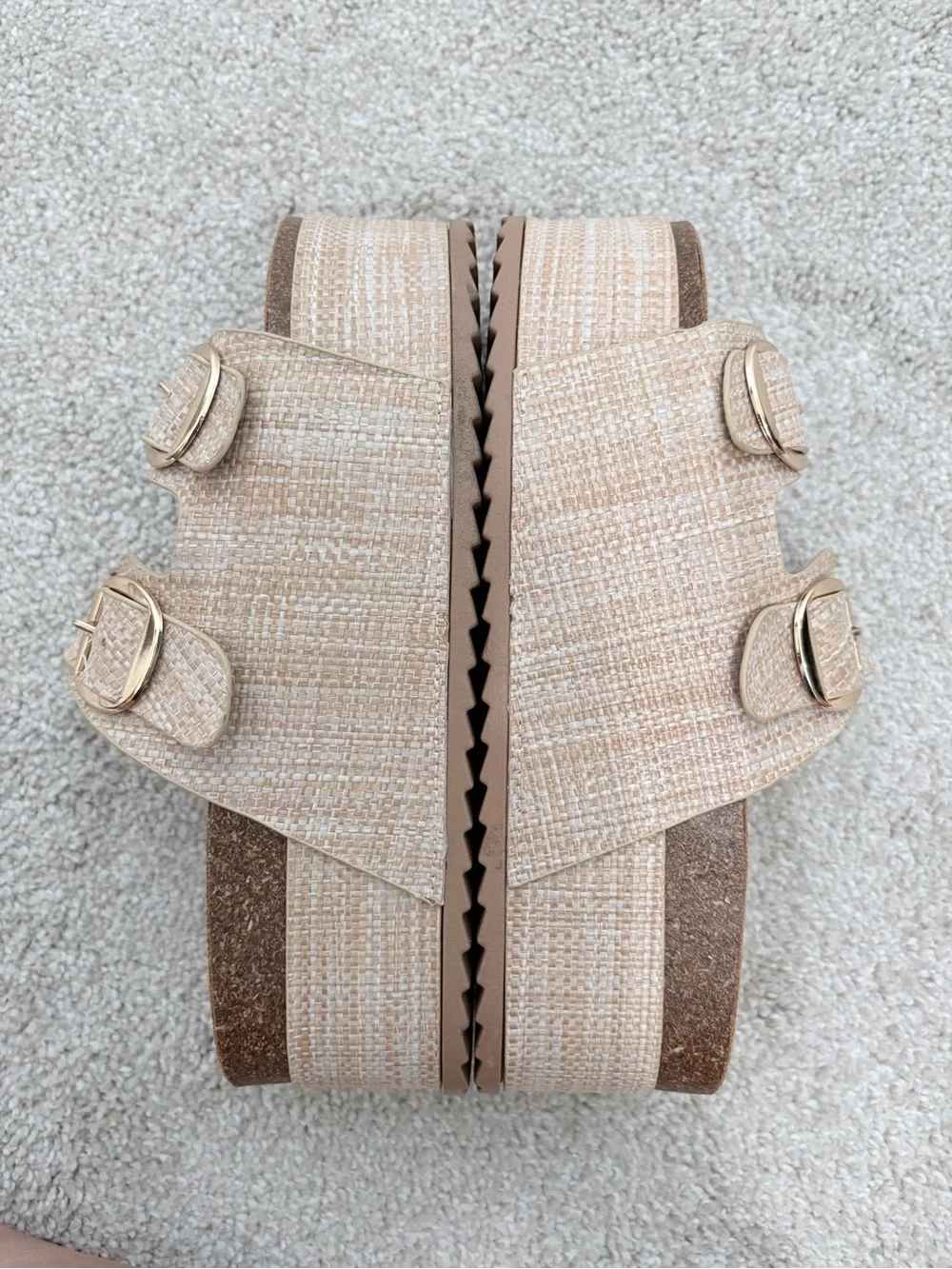 Women’s Platform Slide Sandals in Beige with Gold Buckles
